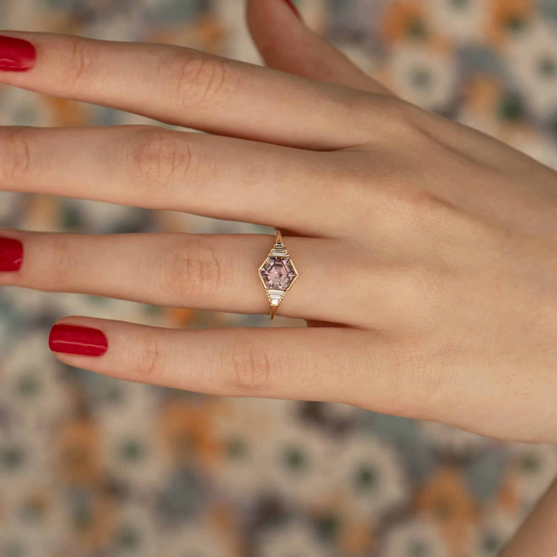 Hexagon Cut Spinel Engagement Ring in Mauve with Diamonds