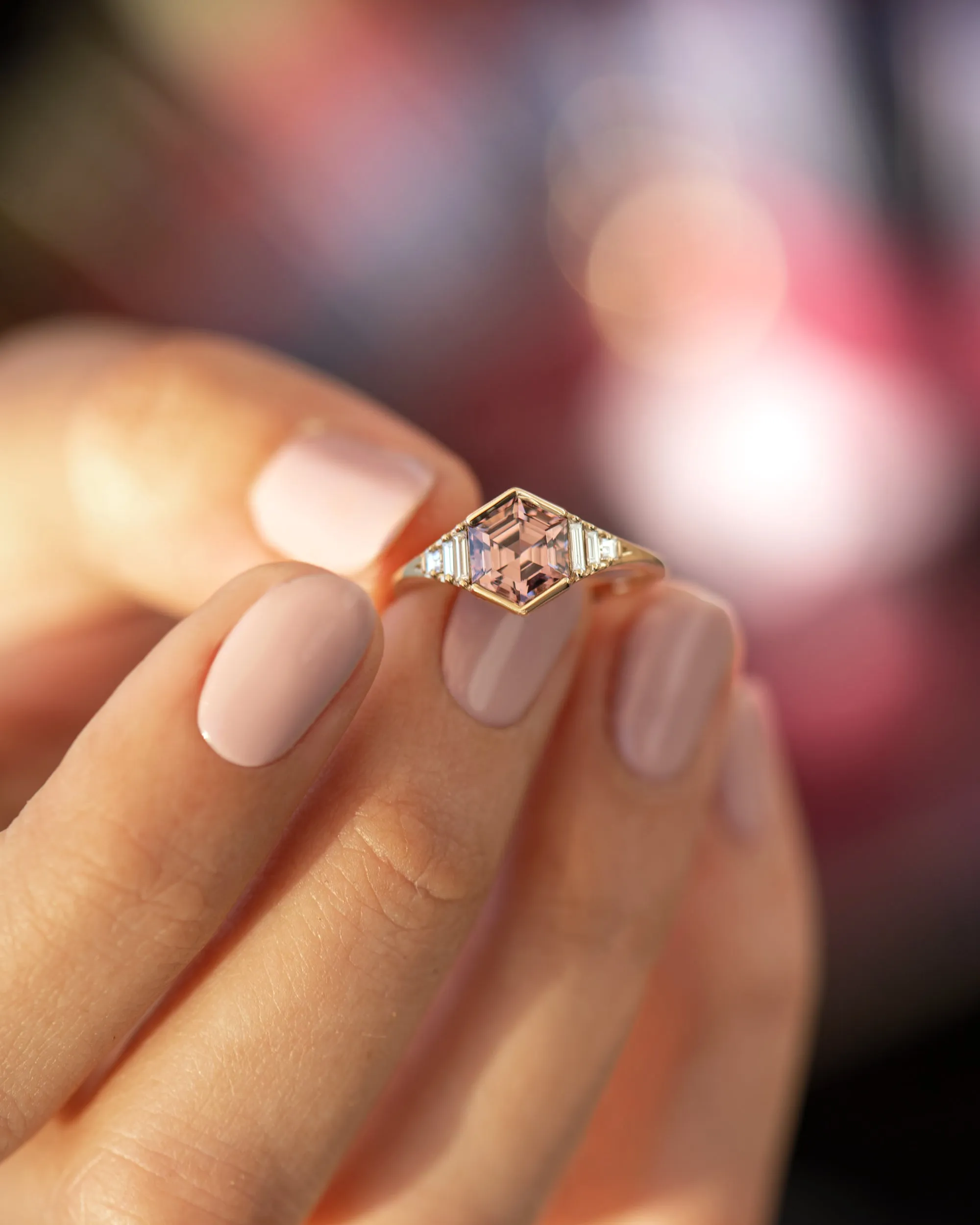 Hexagon Cut Spinel Engagement Ring in Mauve with Diamonds