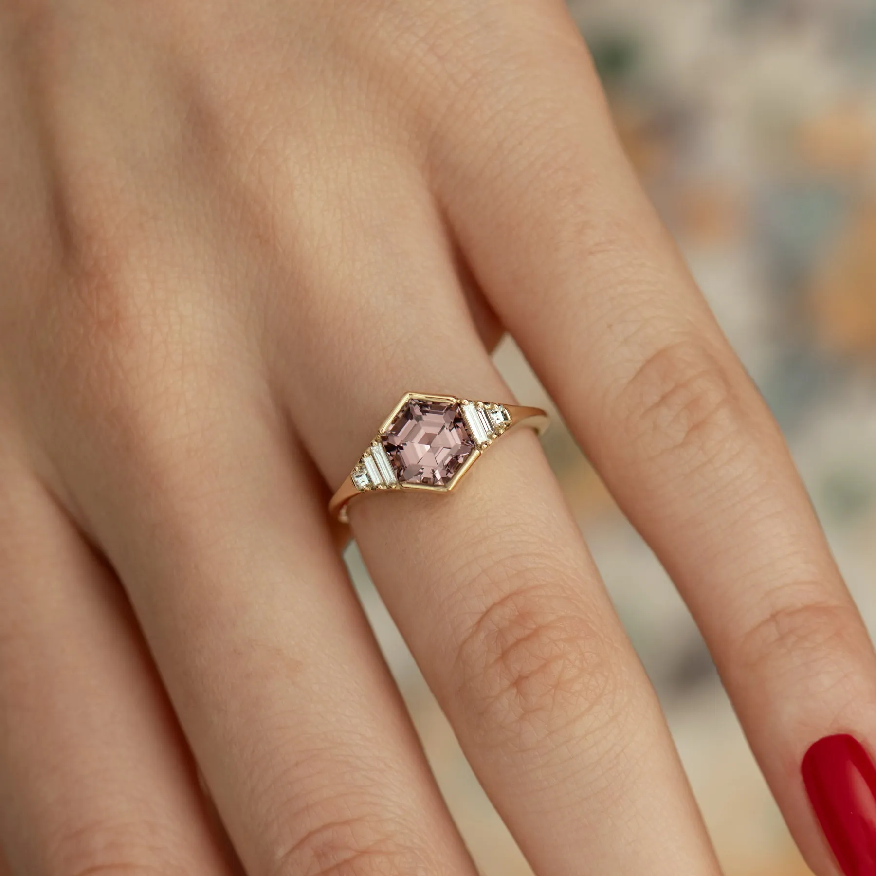 Hexagon Cut Spinel Engagement Ring in Mauve with Diamonds