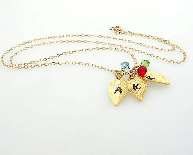 Initial Leaf Necklace with Birthstone Charms