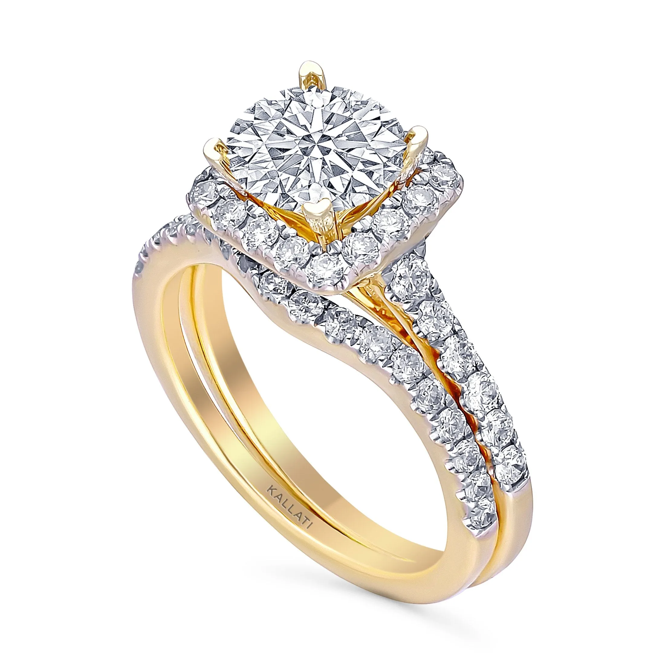 Kallati Eternal Cushion Halo  Diamond Engagement Ring With Matching Band in 14K Yellow Gold