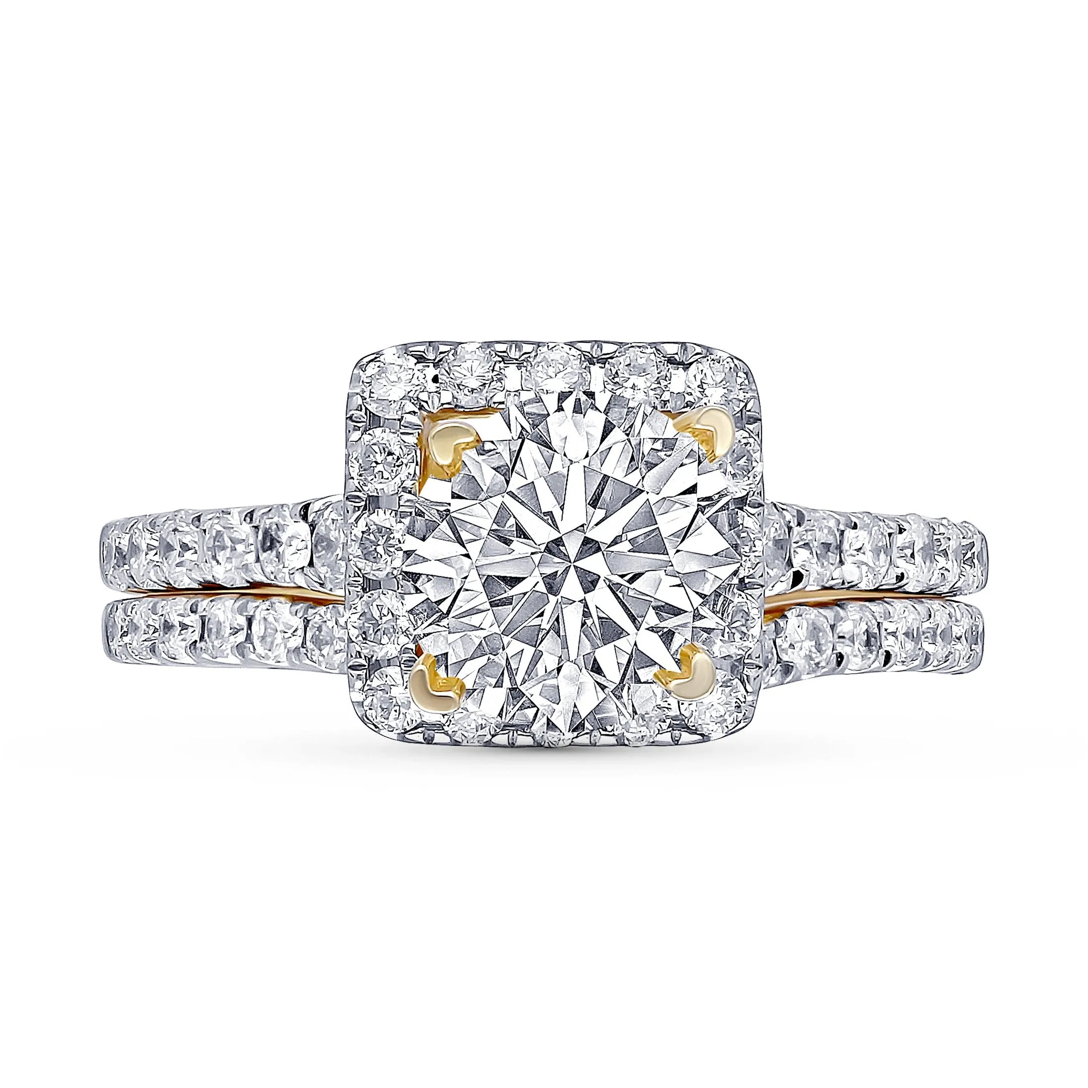 Kallati Eternal Cushion Halo  Diamond Engagement Ring With Matching Band in 14K Yellow Gold