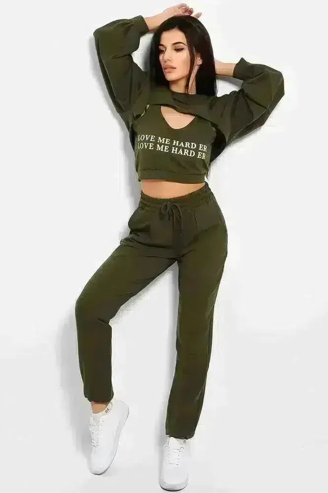 Khaki Love Me Harder Crop Top 3 Piece Tracksuit