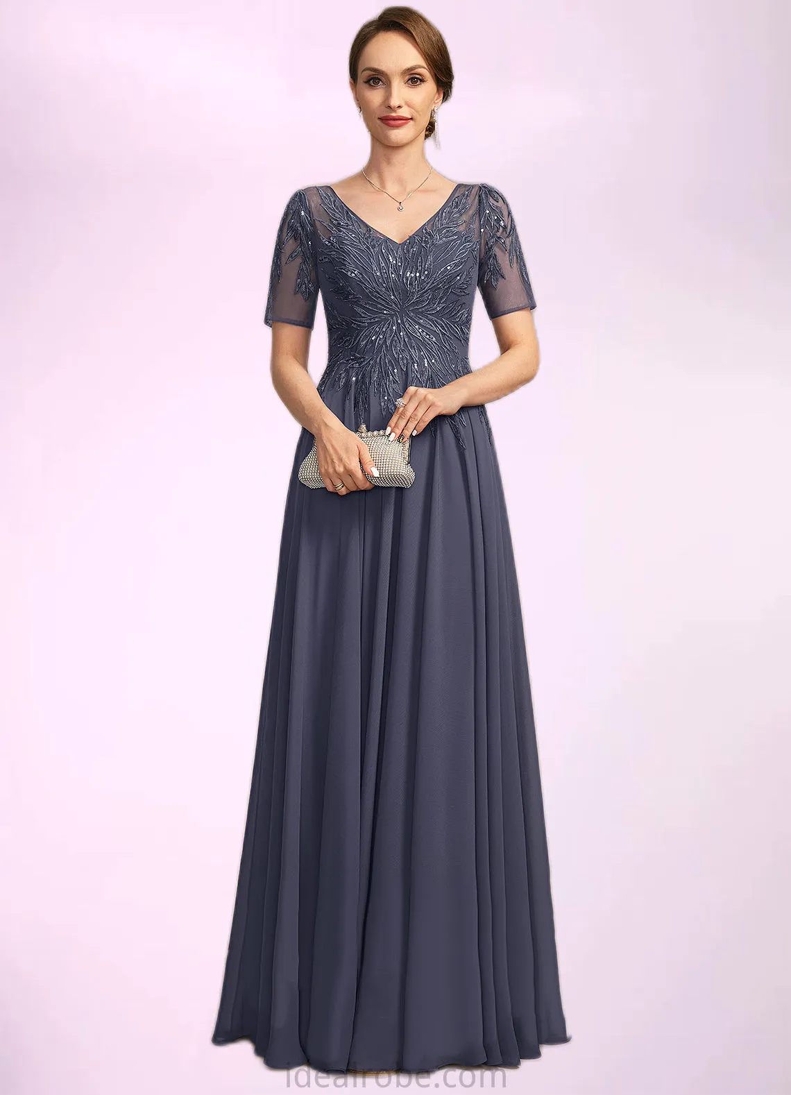 Lilyana A-line V-Neck Illusion Floor-Length Chiffon Lace Mother of the Bride Dress With Sequins STKP0021867