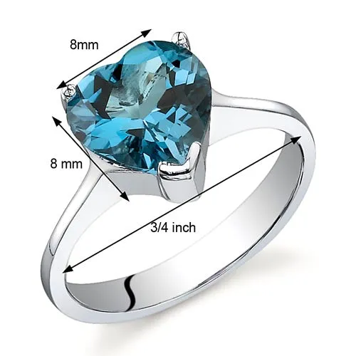 London Blue Topaz Ring Sterling Silver Heart Shape 2.25 Carats Size 6