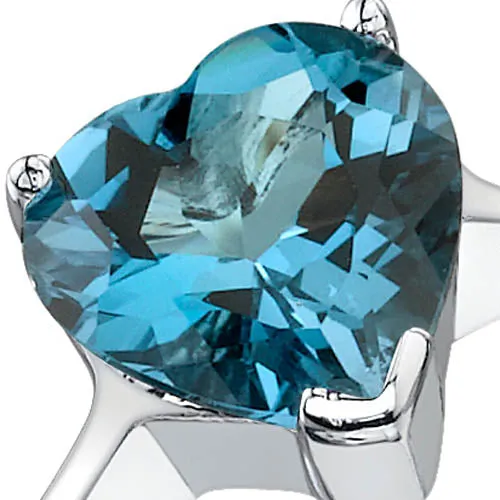 London Blue Topaz Ring Sterling Silver Heart Shape 2.25 Carats Size 6