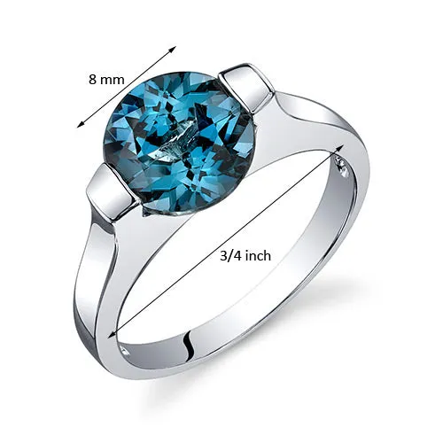 London Blue Topaz Ring Sterling Silver Round Shape 2.25 Carats Size 8