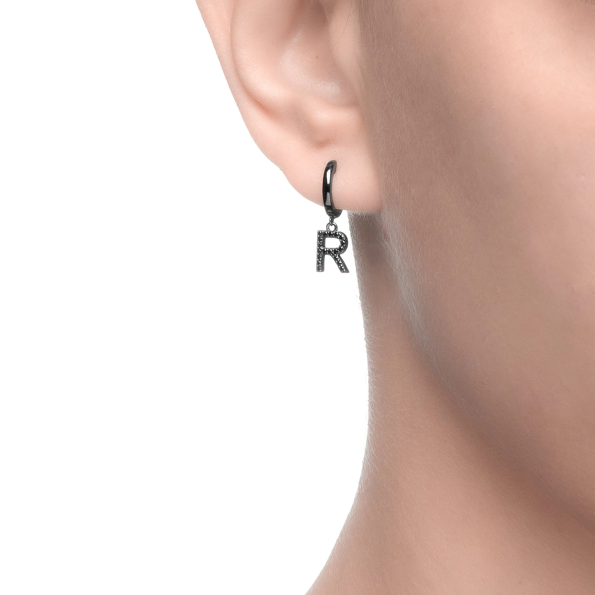 Magna | R Letter Single Earring | Black CZ | Black Rhodium Plated 925 Silver