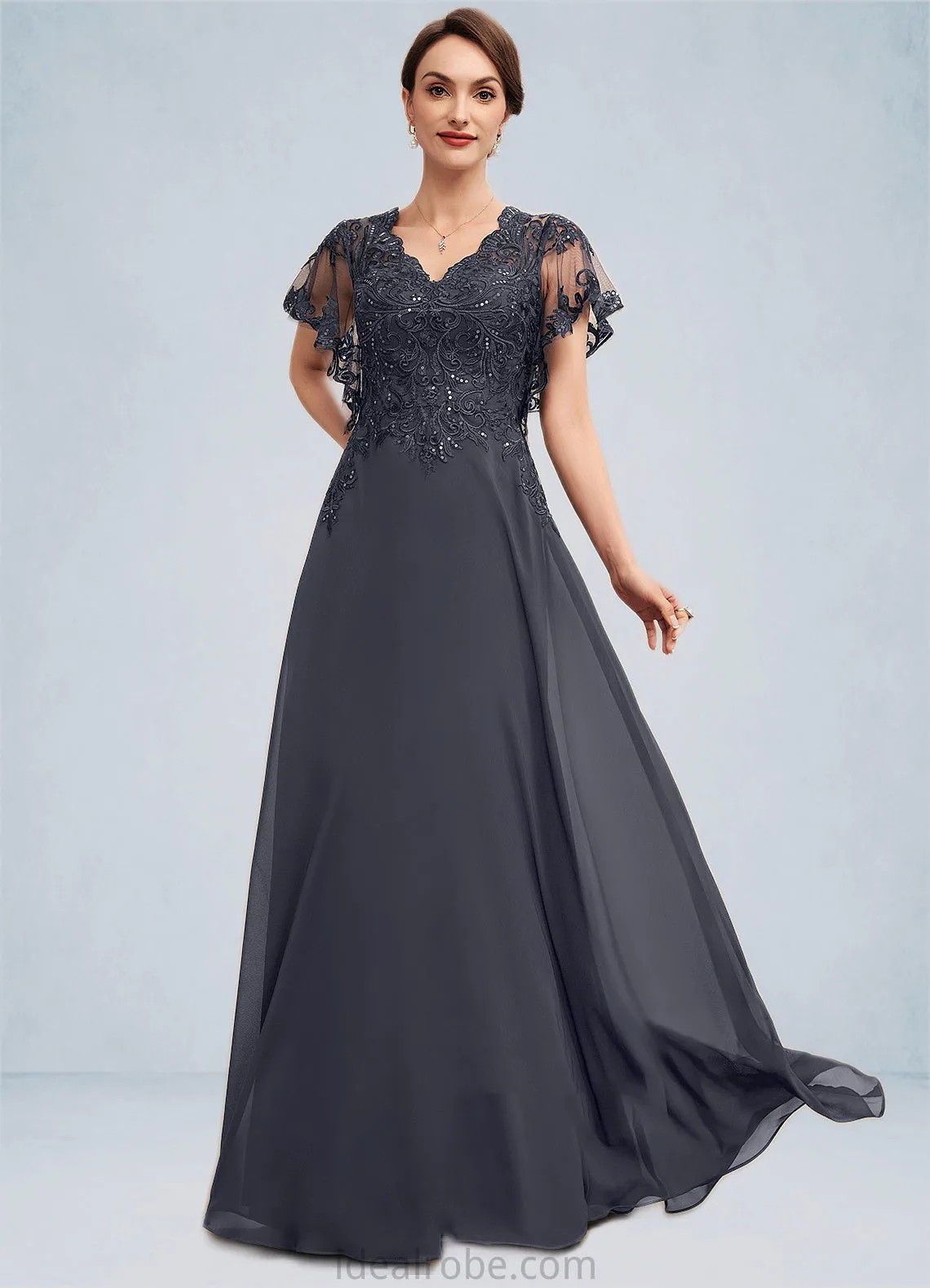 Meredith A-line V-Neck Floor-Length Chiffon Lace Mother of the Bride Dress With Sequins STK126P0014542