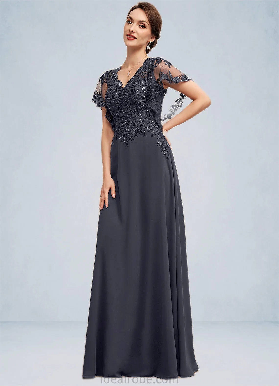 Meredith A-line V-Neck Floor-Length Chiffon Lace Mother of the Bride Dress With Sequins STK126P0014542