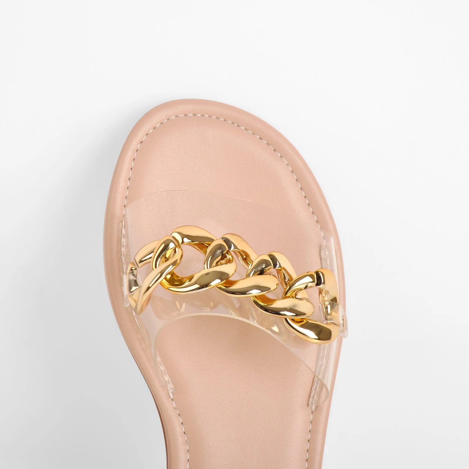 Metal Chain Clear Baby Pink Flat Sandals Mules