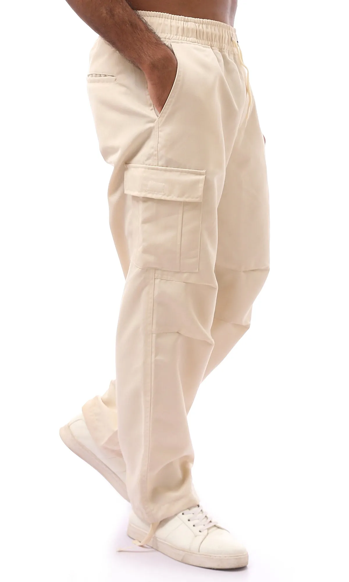 O170538 Relaxed Fit Leg Beige Slip On Cargo Pants