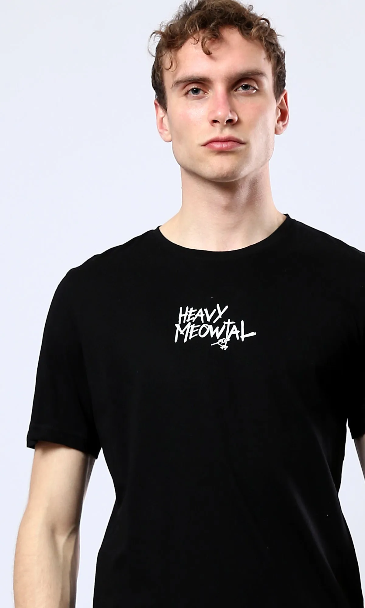 O178920 Heavy Meowtal Round Neck Slip On Black Tee