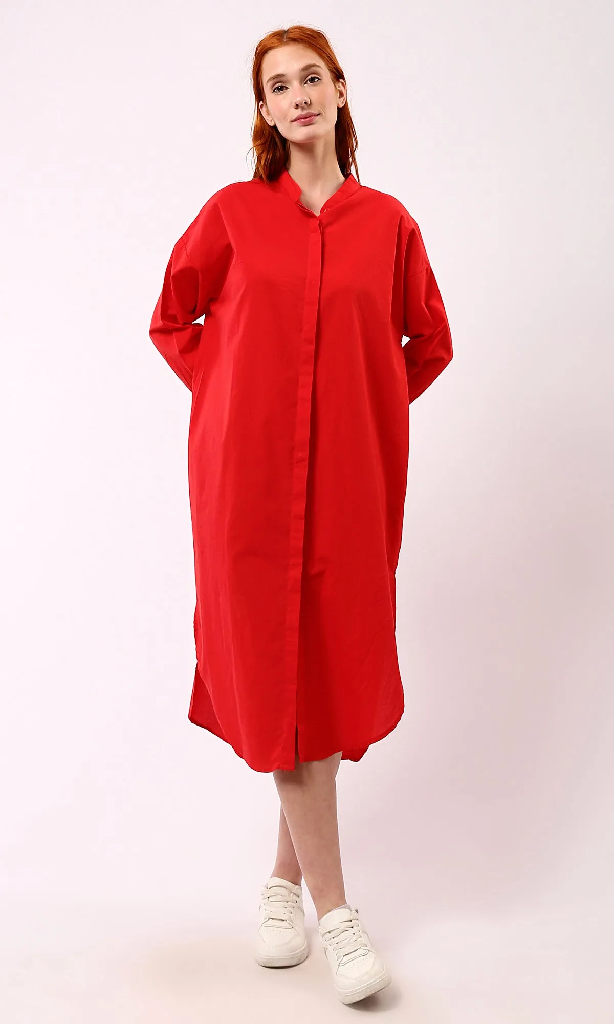 O179182 Long Sleeves Red Shirt Dress With Front Hidden Buttons