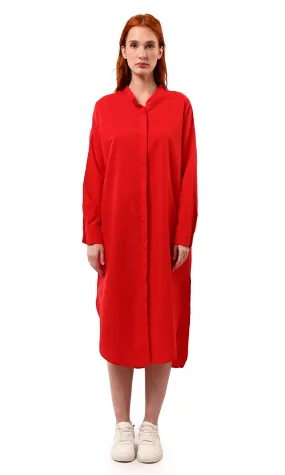 O179182 Long Sleeves Red Shirt Dress With Front Hidden Buttons