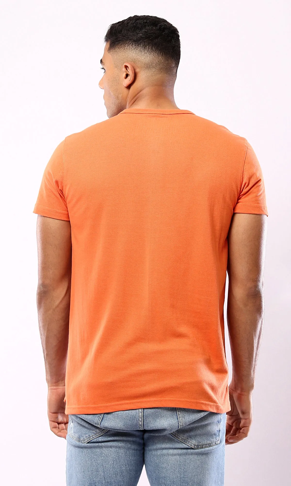 O180633 Short Sleeves Buttoned Orange Henley Shirt