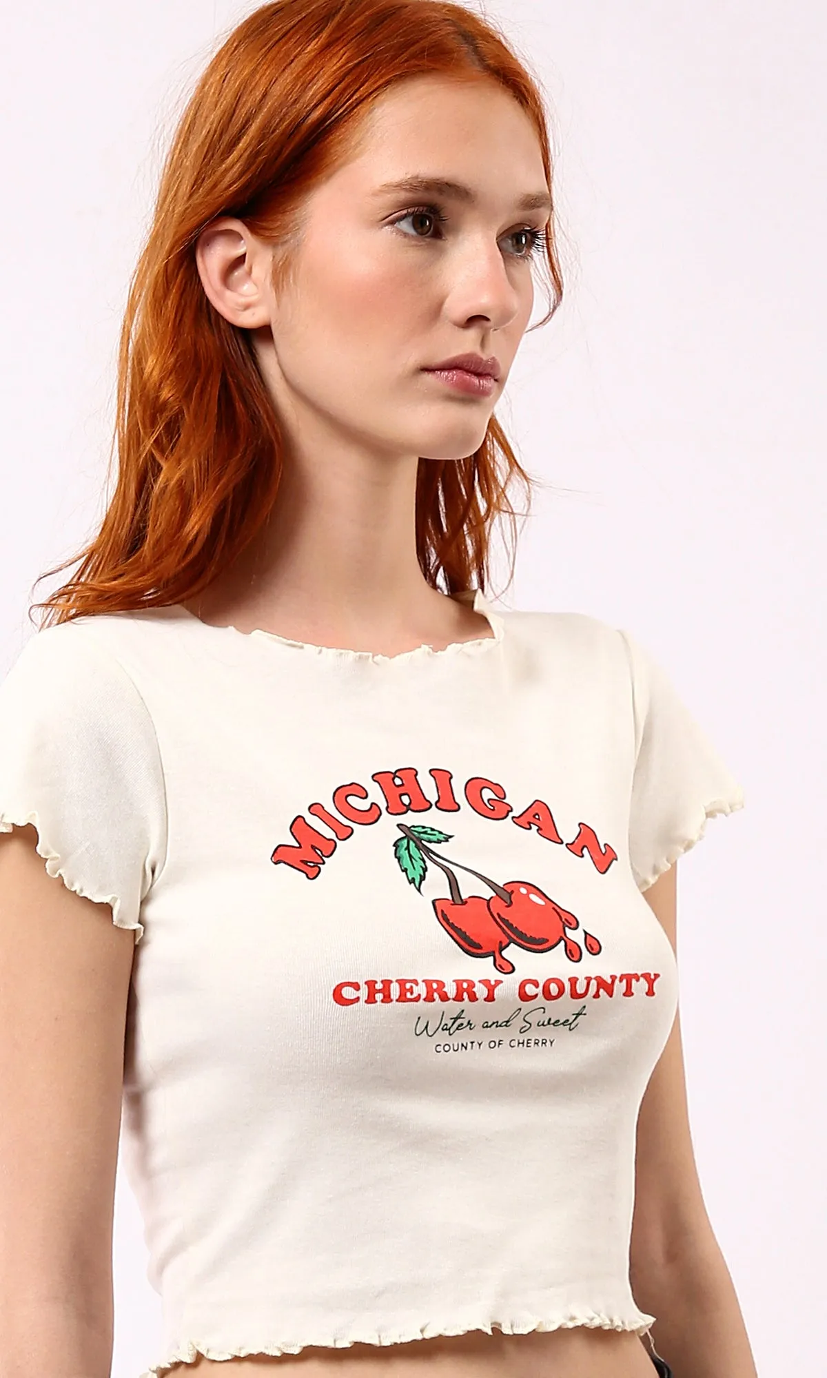 O181657 Printed "Michigan" Regular Short Top - Off-White