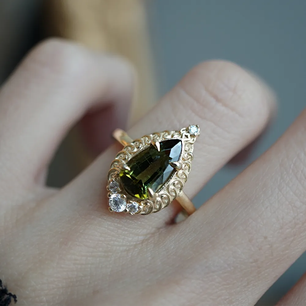 Olive Green Tourmaline Mosque Diamond Ring in 14K and 18K Gold