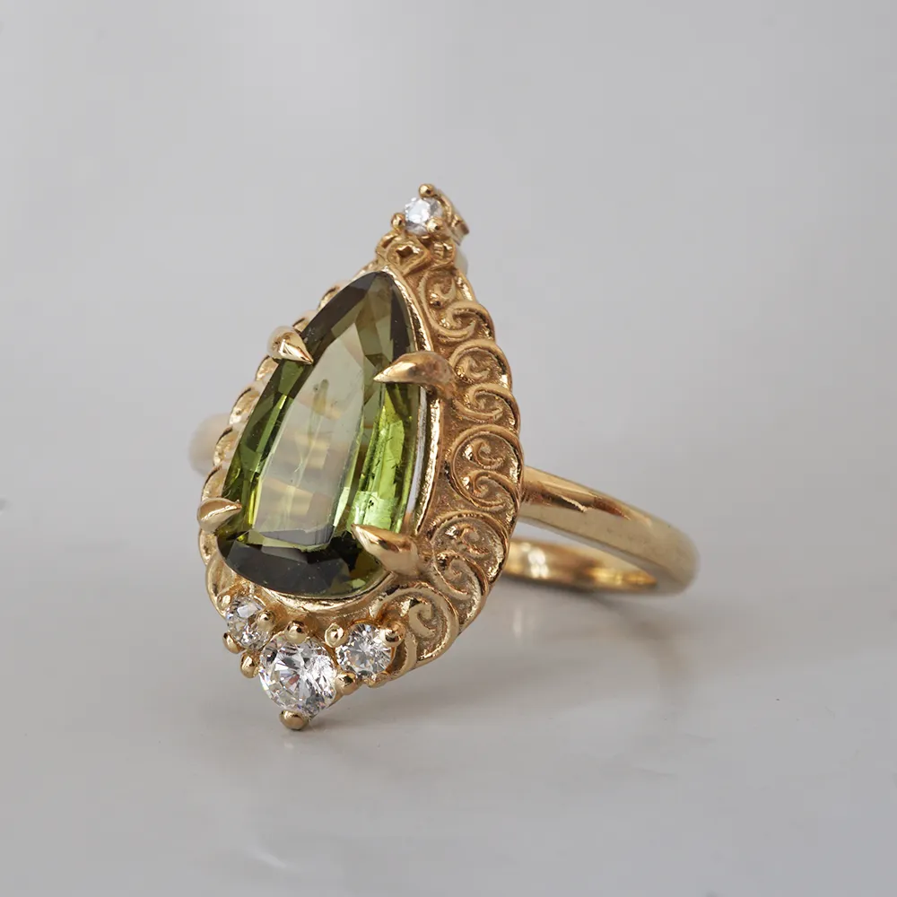 Olive Green Tourmaline Mosque Diamond Ring in 14K and 18K Gold