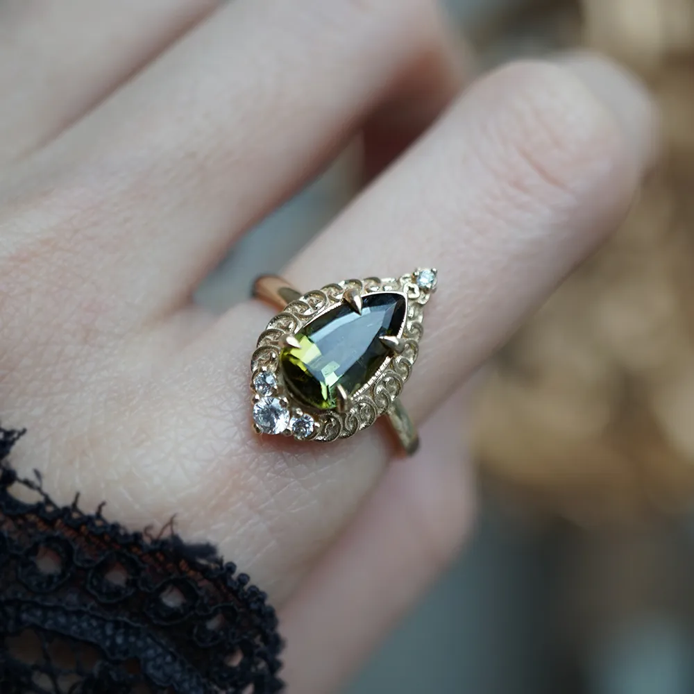 Olive Green Tourmaline Mosque Diamond Ring in 14K and 18K Gold