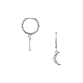 Pavé Moon Hoop Earrings - Silver