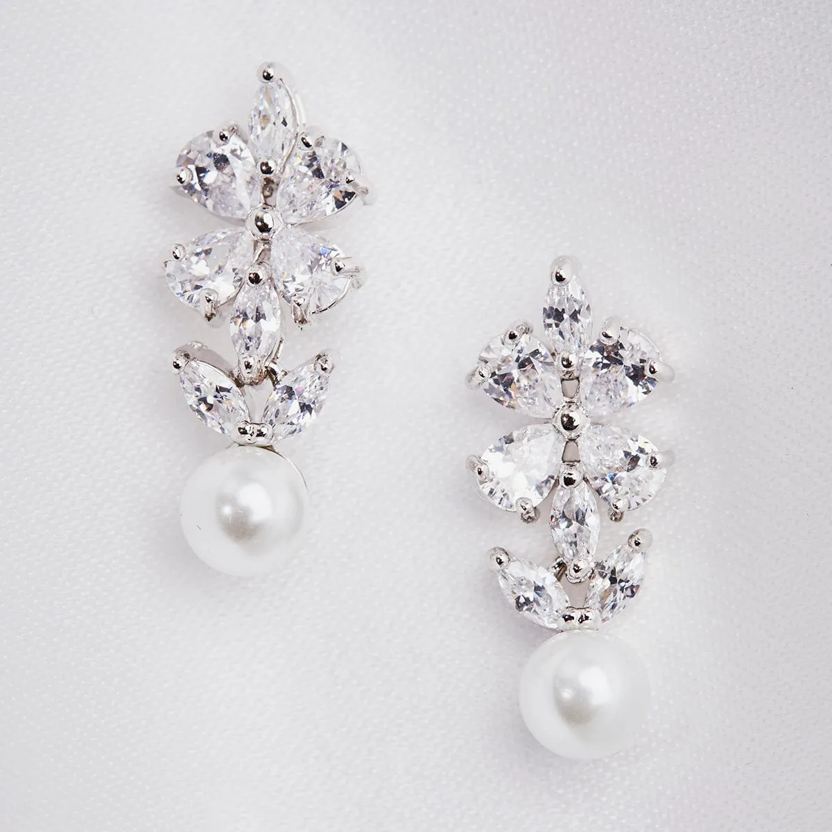 Pearl & Crystal Drop Earrings: Crystal Clover & Pearl Bridal Drop Earrings