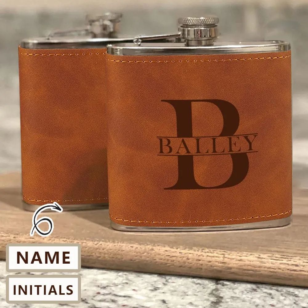 Personalized Leather Flask 6 OZ Custom Name&Initials Hip Flask for Father's Day Gift for Dad Personalized Gift for Him