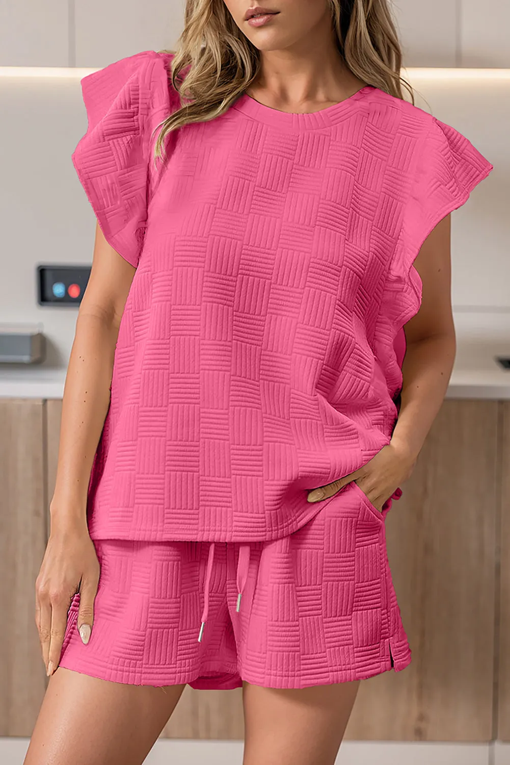 Pink Textured Ruffled Sleeve Tee and Drawstring Shorts Set (Takes 2 Weeks Delivery)