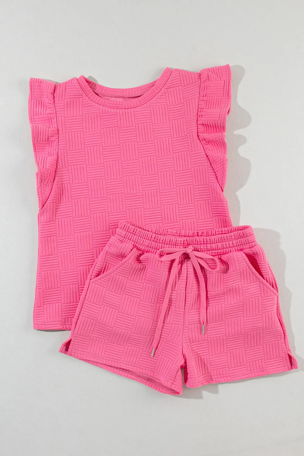 Pink Textured Ruffled Sleeve Tee and Drawstring Shorts Set (Takes 2 Weeks Delivery)