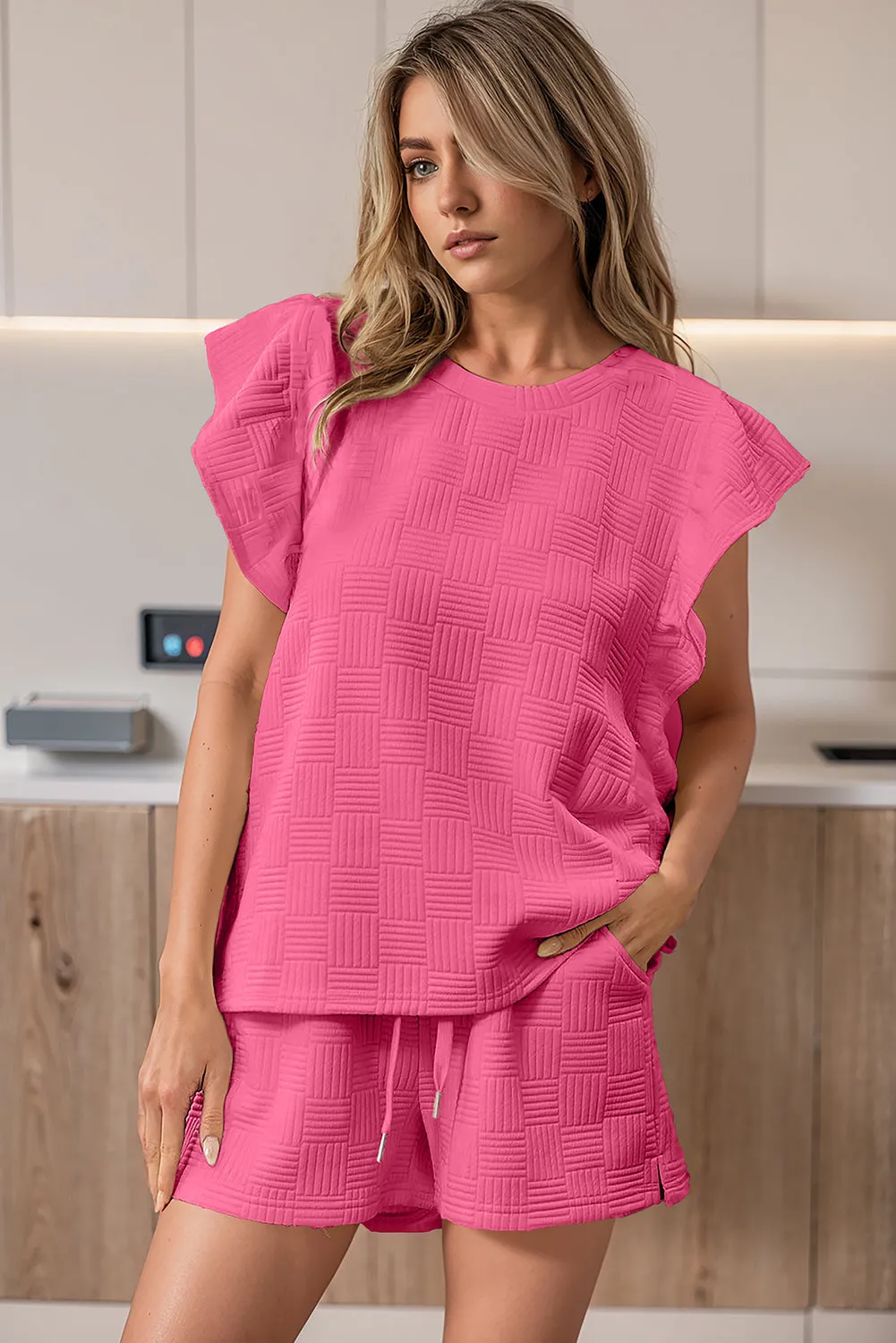 Pink Textured Ruffled Sleeve Tee and Drawstring Shorts Set (Takes 2 Weeks Delivery)