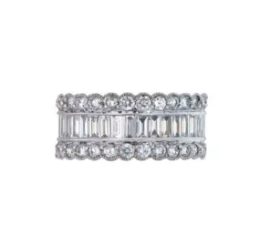 Platinum Wide Diamond Band With Baguettes And Round Brilliant Cut