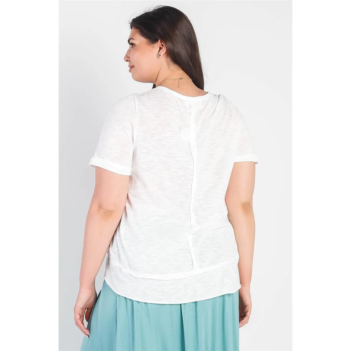 Plus White Trim Detail Round Neck Short Sleeve Top