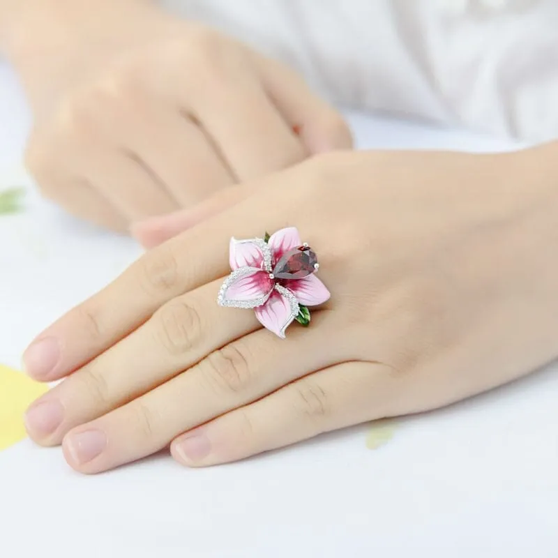 Promise Love Pink Flower Ruby Ring