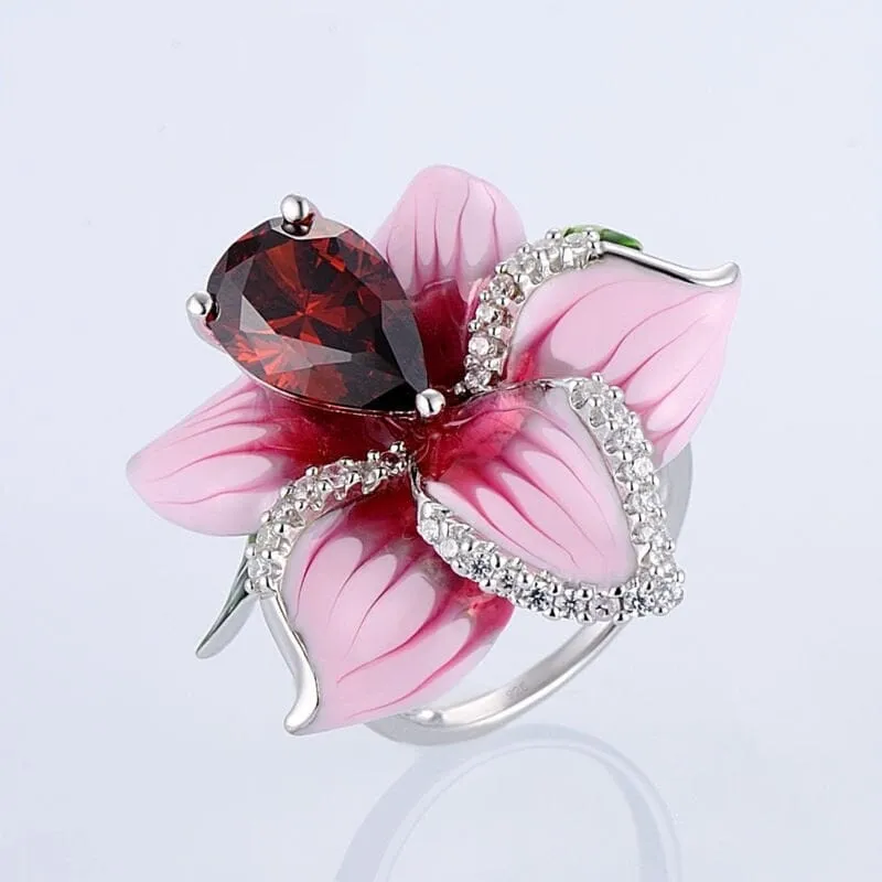 Promise Love Pink Flower Ruby Ring