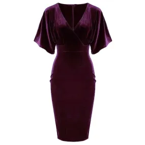 Purple Velour Half Batwing Sleeve Crossover Top Wiggle Dress