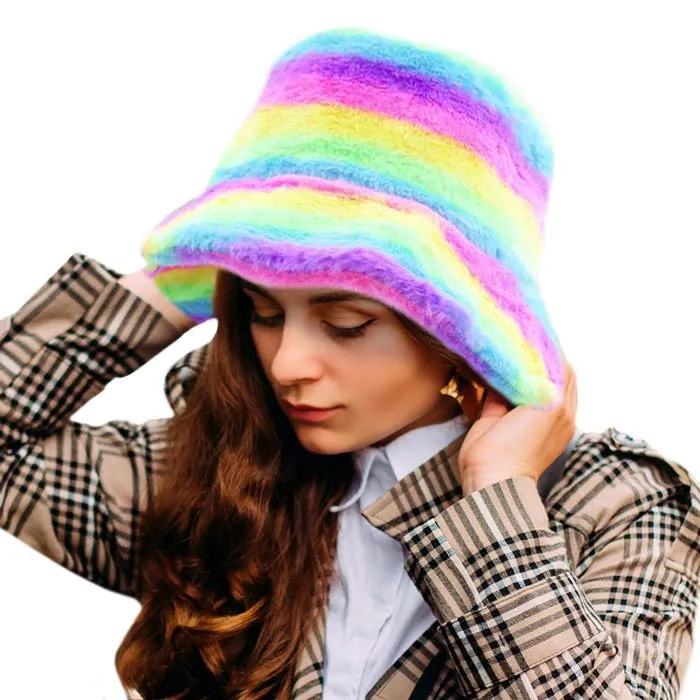 Rainbow Faux Fur Bucket Hat