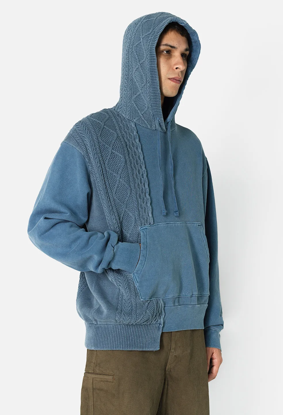 Reconstructed Cable Knit Hoodie / Washed Blue