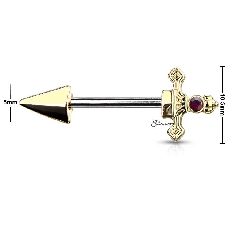 Red Gem Set Dagger Nipple Barbell - Gold