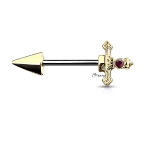 Red Gem Set Dagger Nipple Barbell - Gold