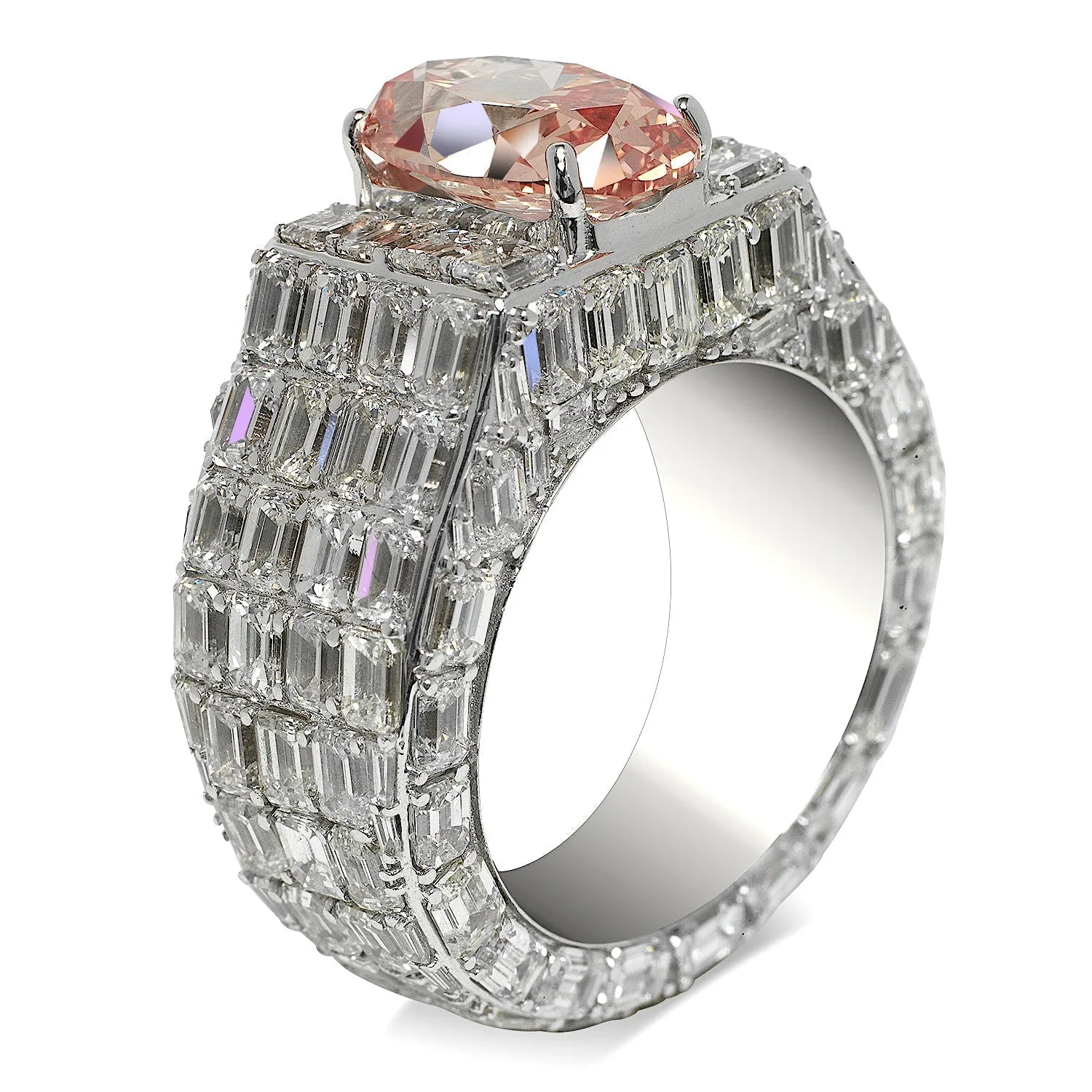 RHAEGAL 20 CARAT MEN’S PINK DIAMOND CHANDELIER RING 14K WHITE GOLD  FANCY VIVID ORANGY PINK 4 CT OVAL CUT VS2 CLARITY  GIA CERTIFIED BY MIKE NEKTA