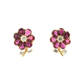 Ruby & Diamond Tea Rose Flower Earrings