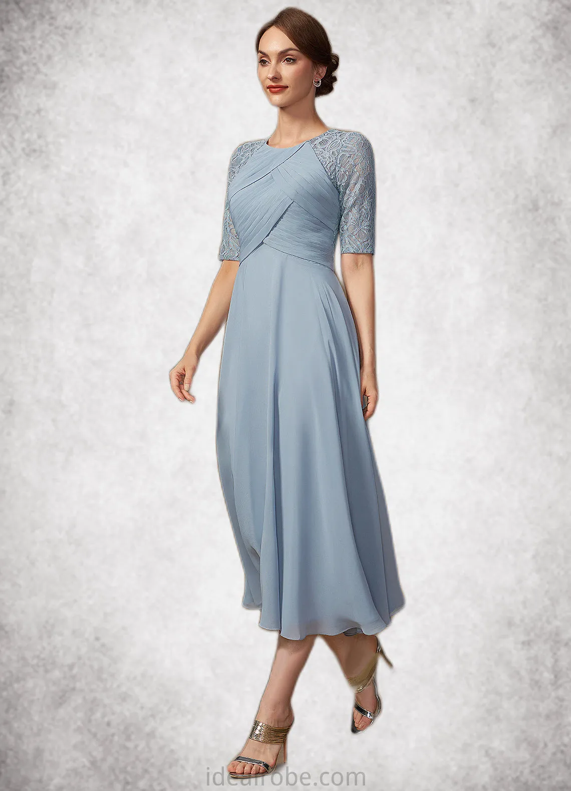 Sadie A-Line Scoop Neck Tea-Length Chiffon Lace Mother of the Bride Dress With Ruffle STK126P0014616