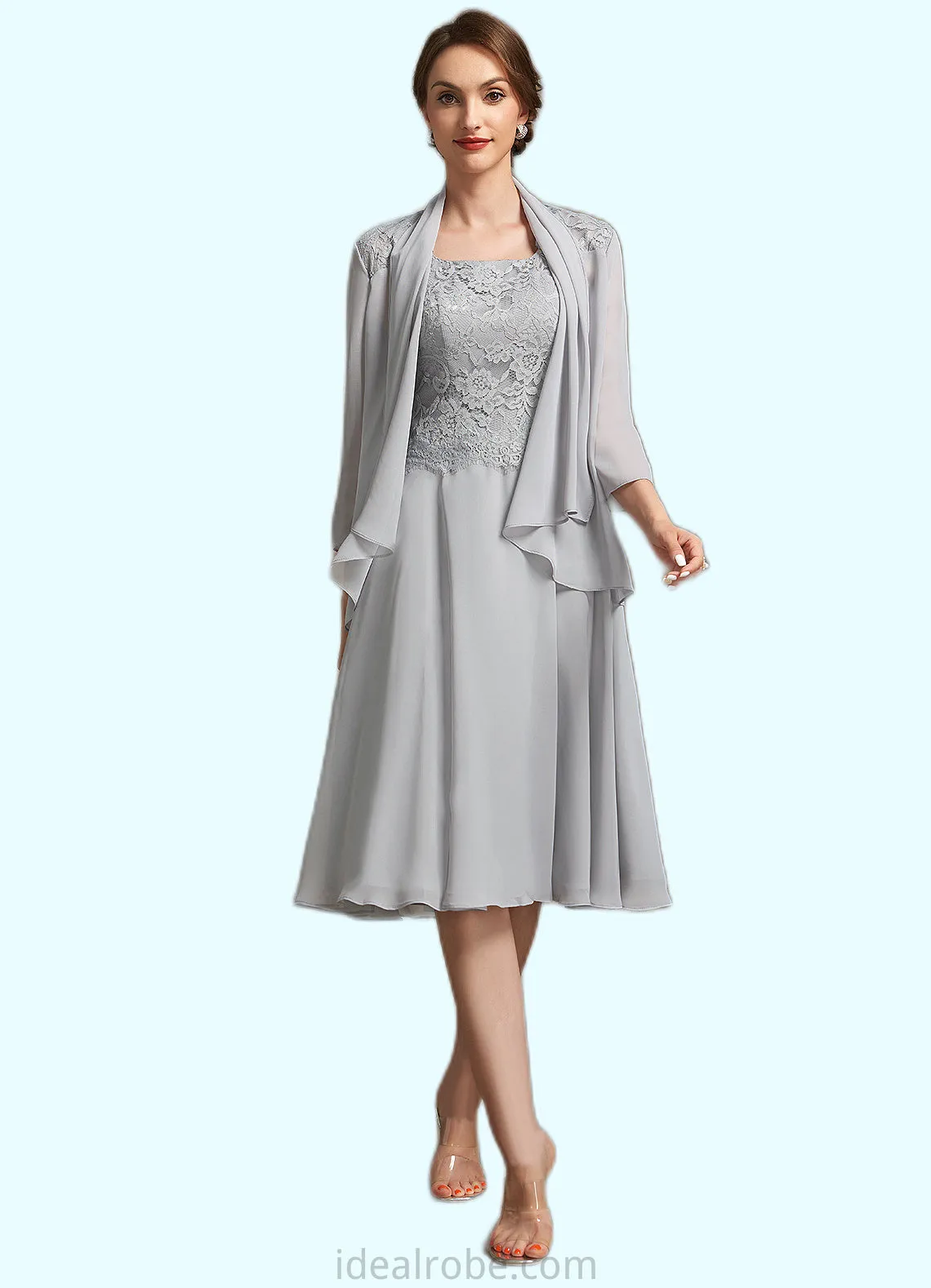 Serena A-Line Square Neckline Knee-Length Chiffon Lace Mother of the Bride Dress STK126P0014759