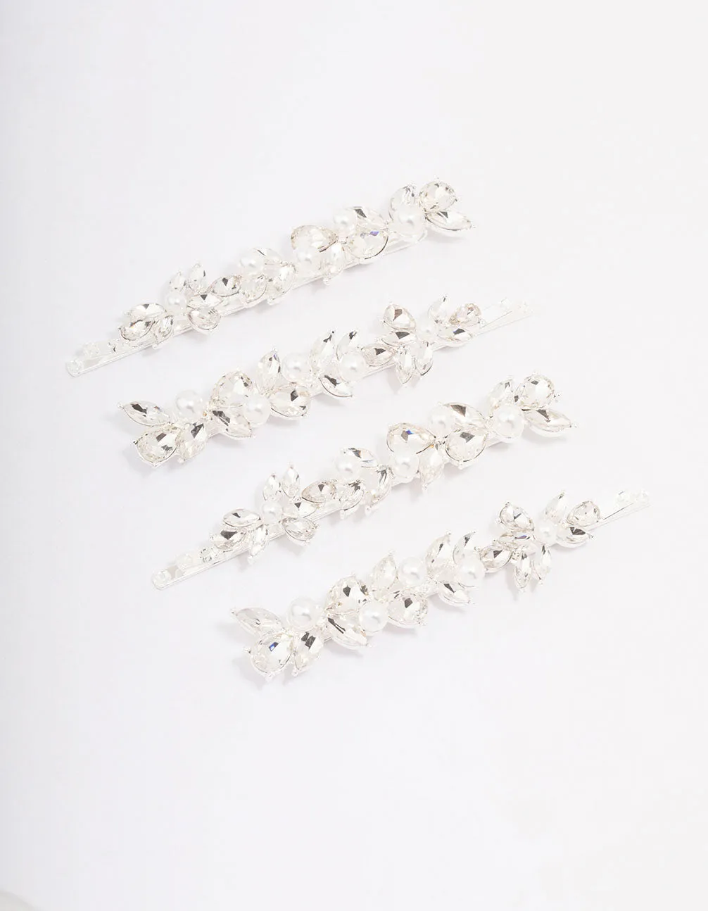 Silver Crystal & Pearl Leaf Hair Clip 4-Pack