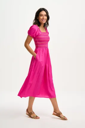 Sugarhill Brighton Octavia Dark Pink Rainbow Shirring Midi Shirred Dress