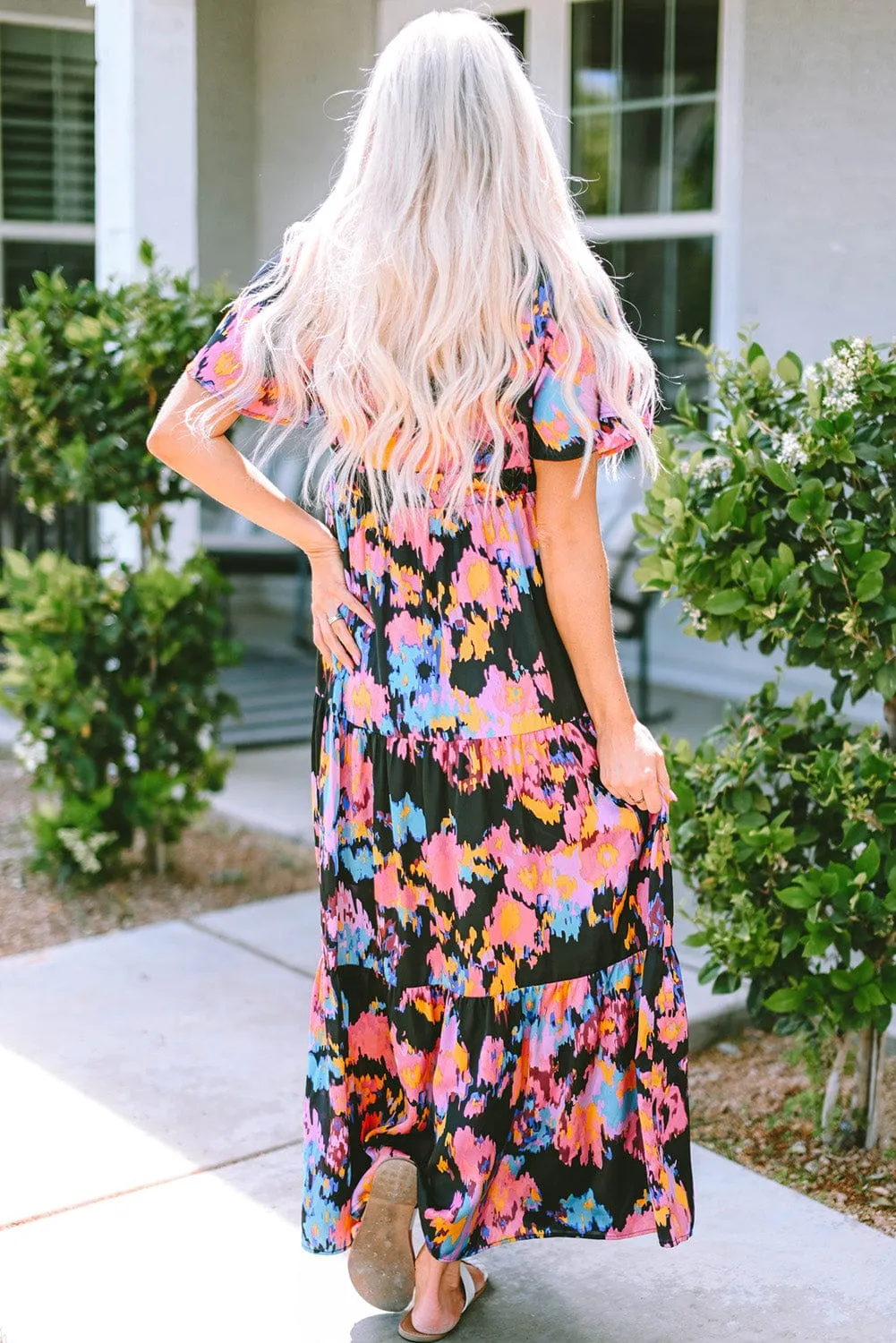 Summer Sweet, Black Abstract Floral Flutter Sleeve Tiered Maxi Dress