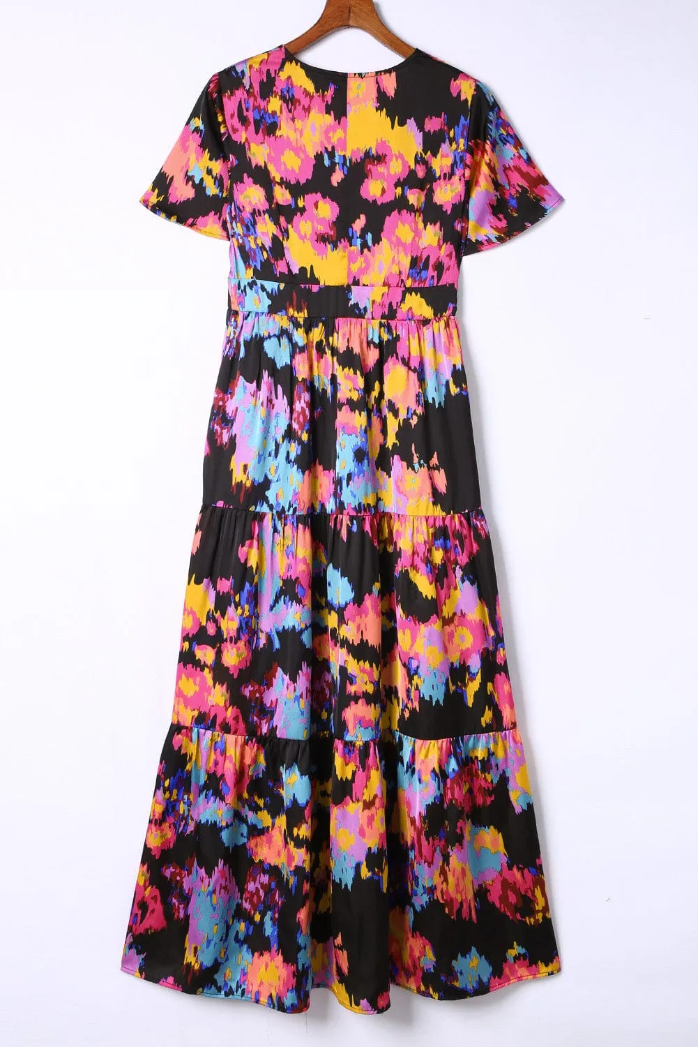 Summer Sweet, Black Abstract Floral Flutter Sleeve Tiered Maxi Dress