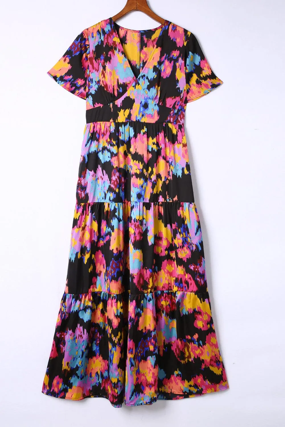 Summer Sweet, Black Abstract Floral Flutter Sleeve Tiered Maxi Dress