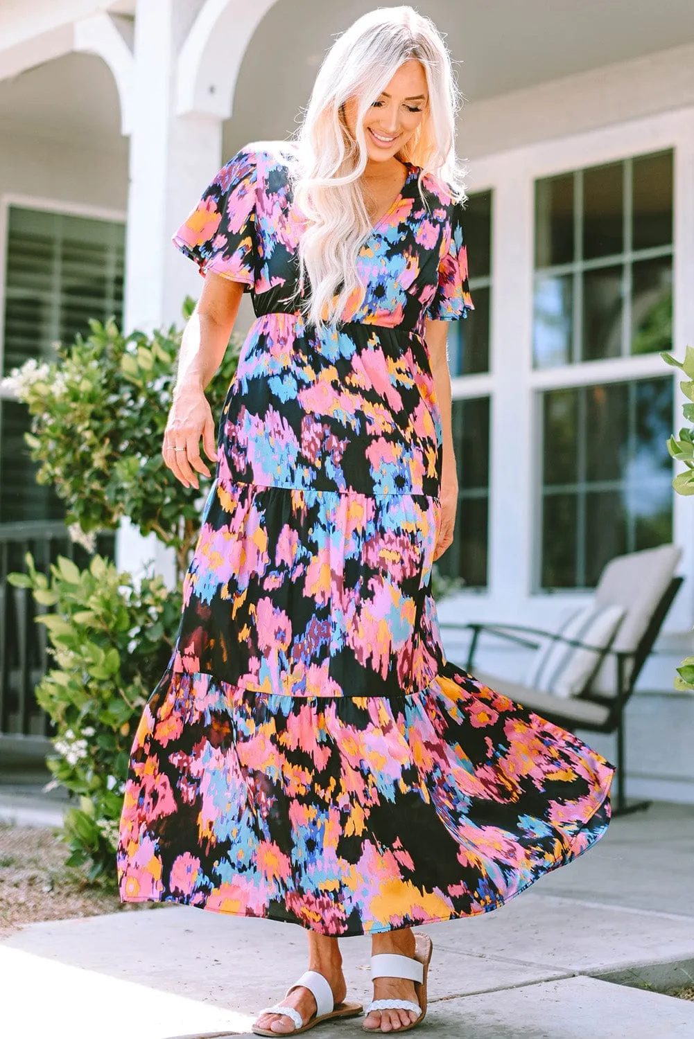 Summer Sweet, Black Abstract Floral Flutter Sleeve Tiered Maxi Dress