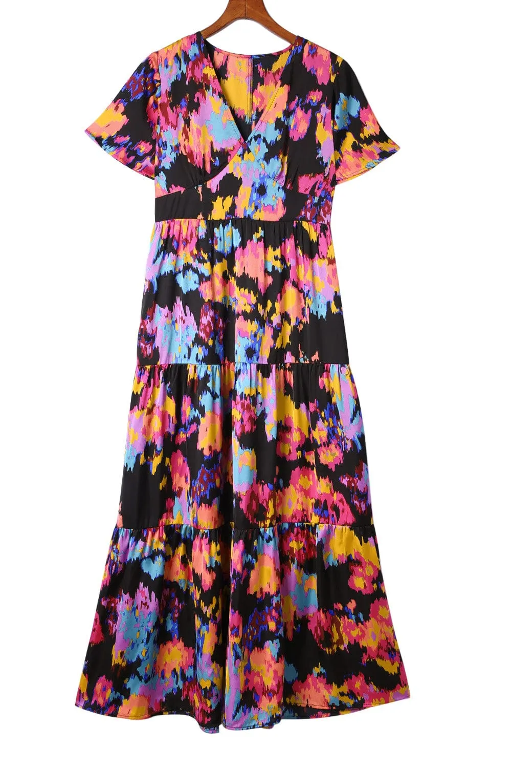 Summer Sweet, Black Abstract Floral Flutter Sleeve Tiered Maxi Dress